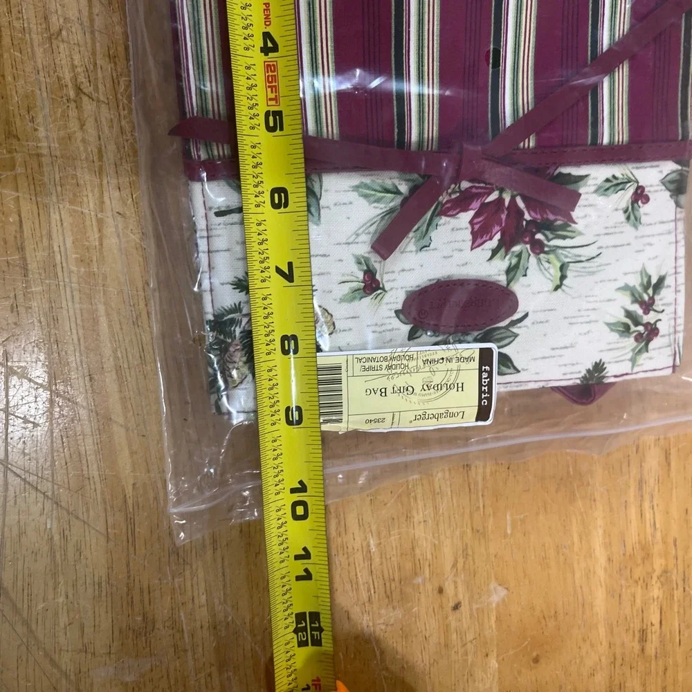 Longaberger Holiday Gift Bag Vtg Holiday Stripe Botanical Fabric Tote 23540 NEW